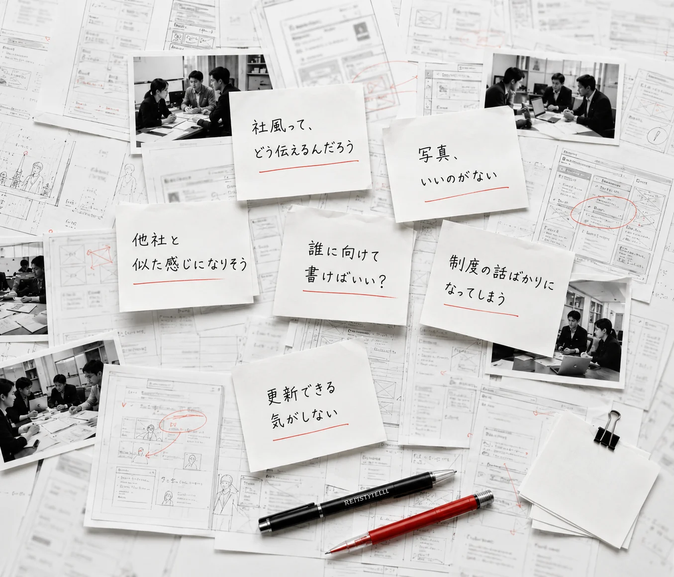 付箋、手書きメモ、写真、ワイヤーフレームが散らばった制作途中の状態